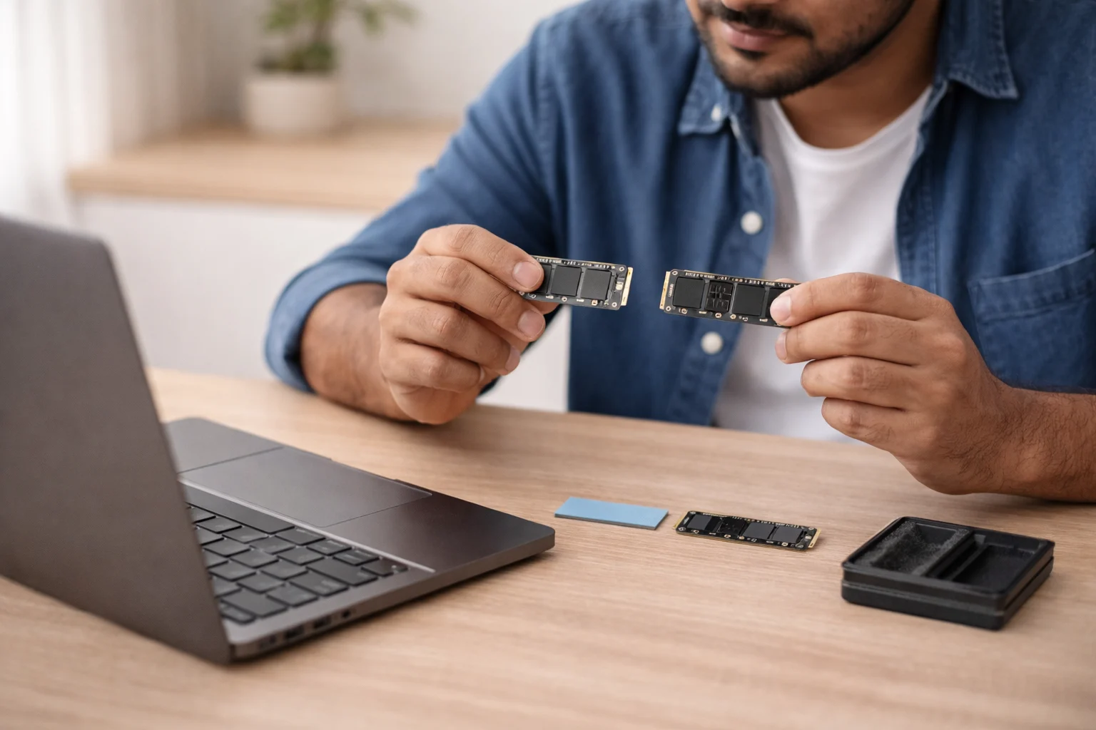  Person comparing SSD options for speed, heat, and endurance