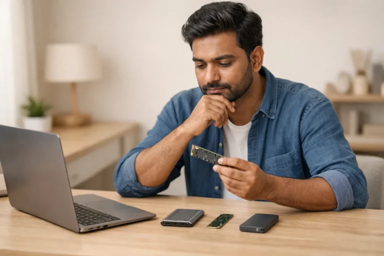 Types of SSD shown beside a laptop as a professional compares upgrade options