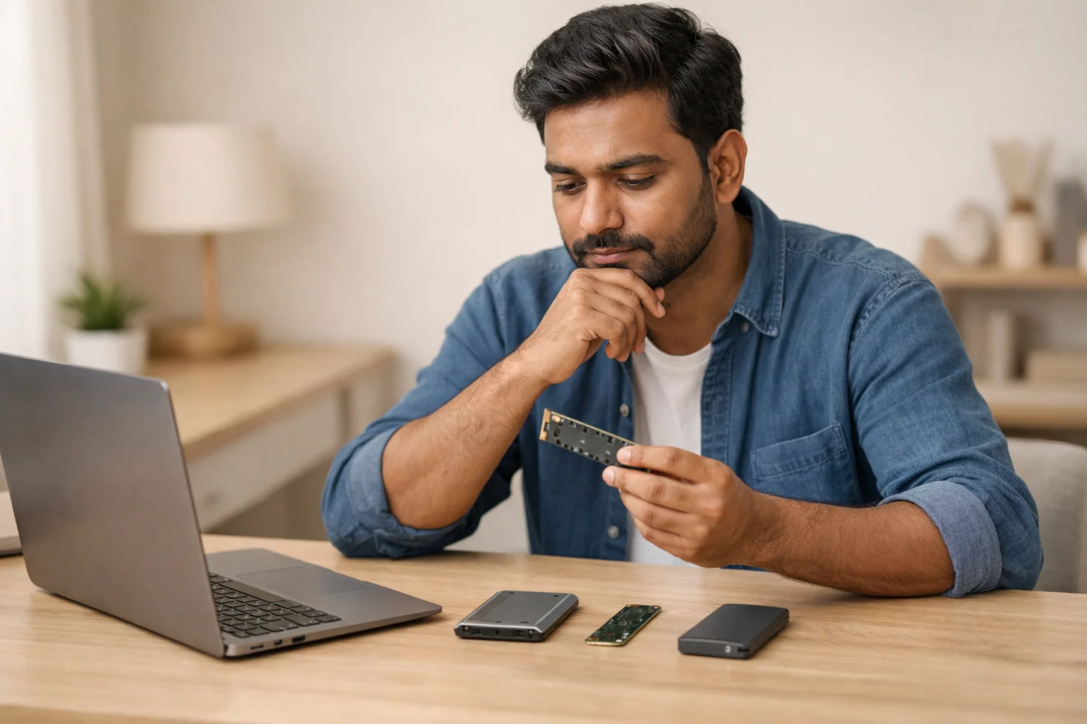 Types of SSD shown beside a laptop as a professional compares upgrade options