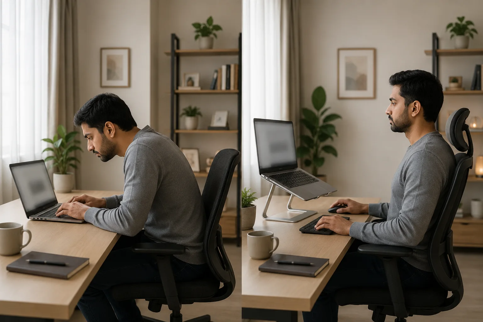 Laptop ergonomics mistakes compared with better desk setup
