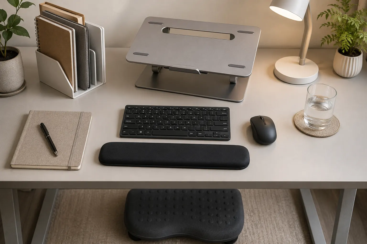 Ergonomic laptop tools with stand keyboard mouse and lamp