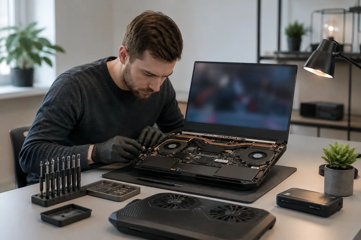 Gaming laptop cooling check with blurred screen and clean vents
