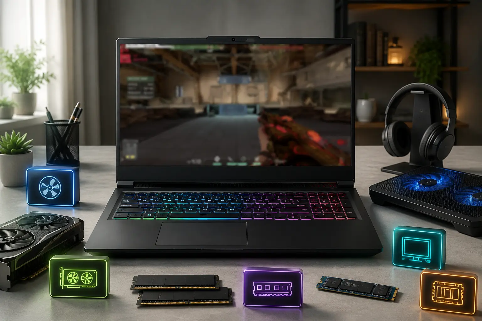 Gaming laptop specs checklist with GPU RAM SSD and display