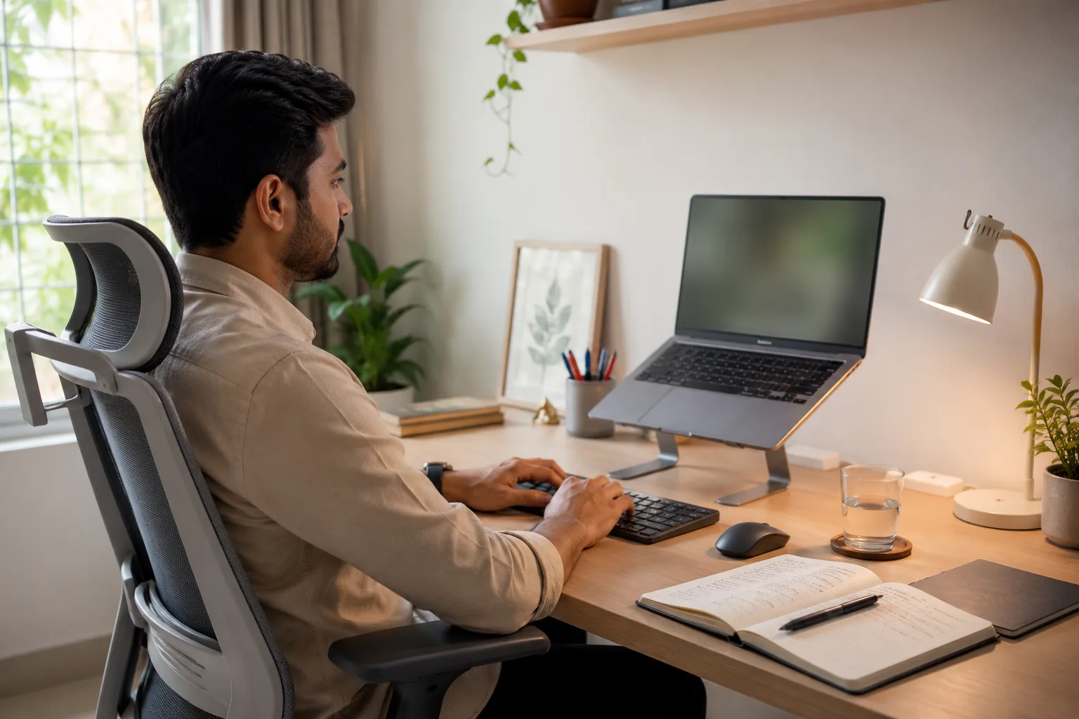 Laptop ergonomics setup with stand, keyboard and mouse