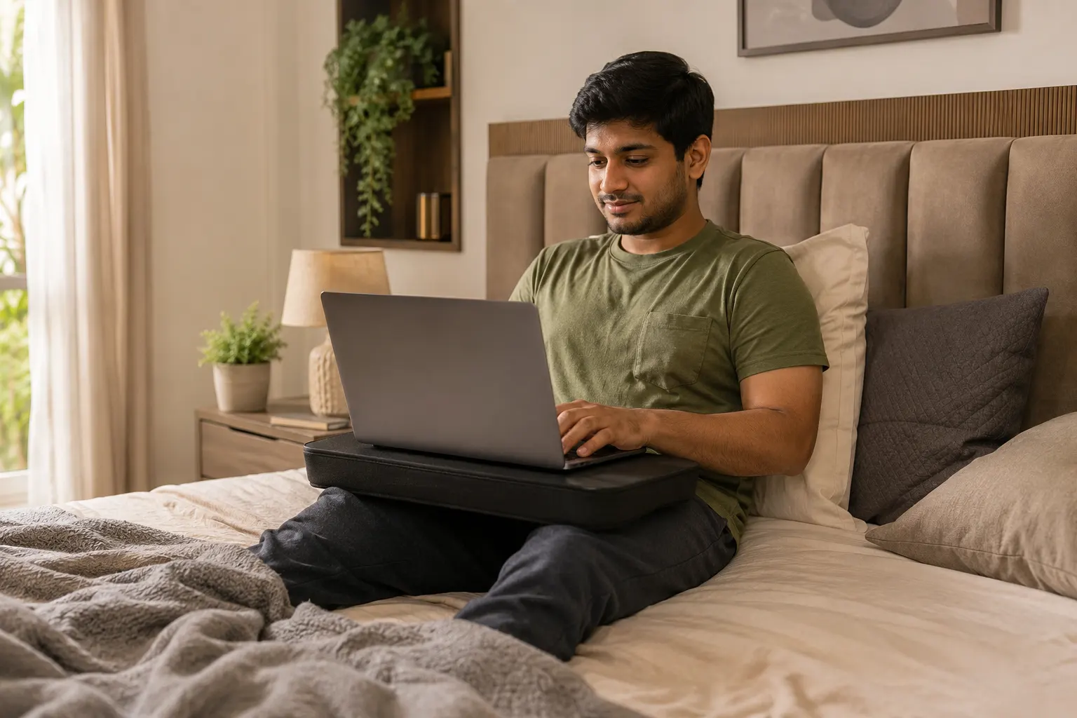 Laptop in bed setup with safer lap desk support