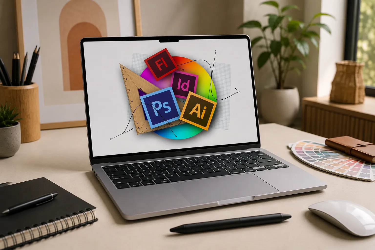 MacBook for graphic design on a clean Indian studio desk