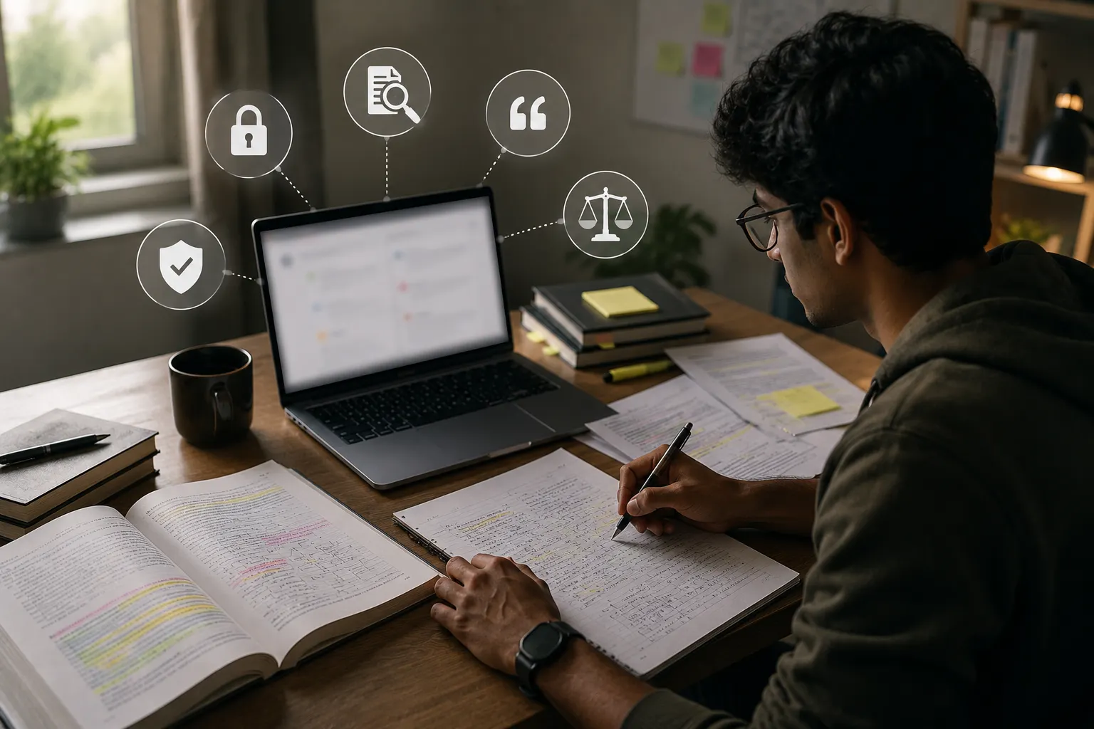  Student verifying AI answers with textbooks and trusted sources
