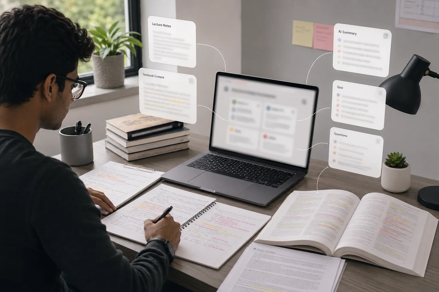 Student using AI for studying notes, PDFs and research papers
