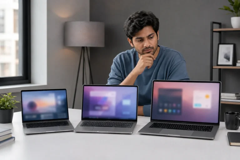 Laptop screen size guide showing 14, 15.6 and 16 inch laptops
