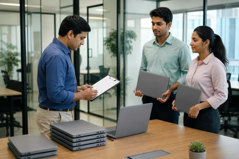 Indian business team preparing laptops for employee onboarding