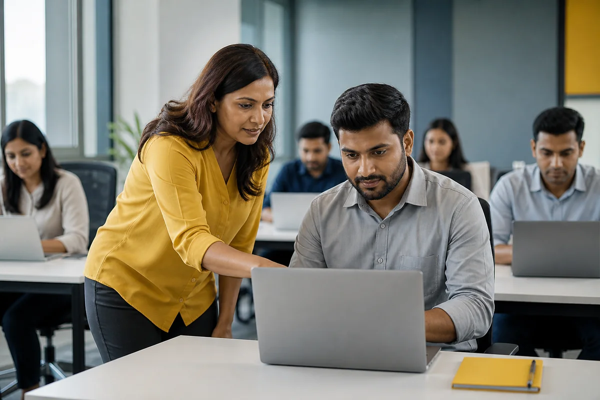 Trainer checking a participant laptop during corporate training