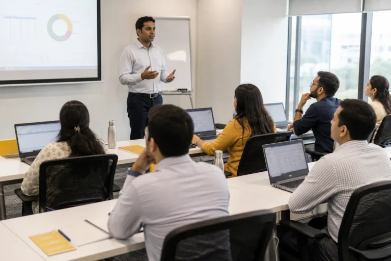 Corporate training participants using laptops in an Indian office