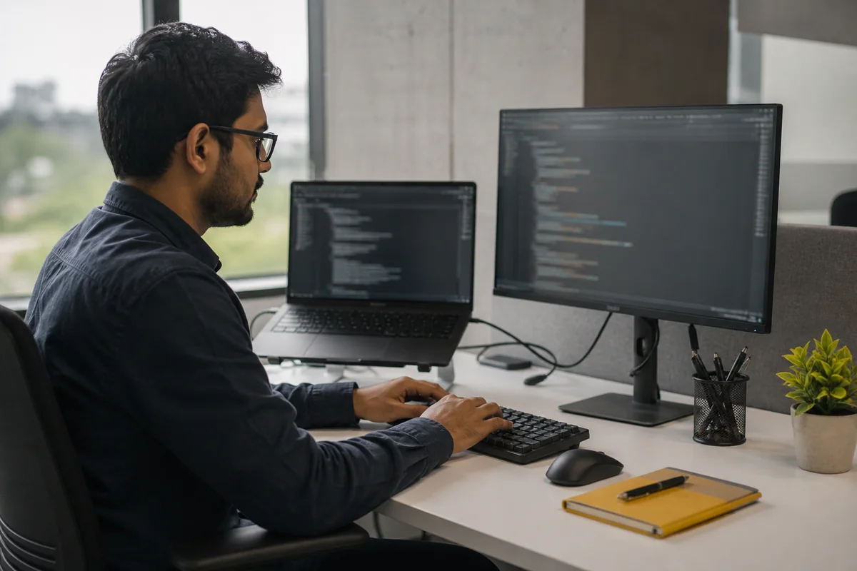 Developer using a laptop with an external monitor