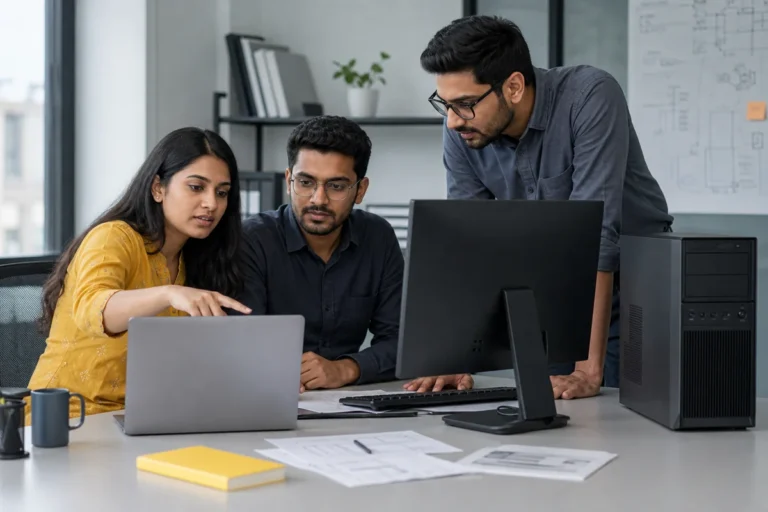 Technical team comparing laptop and workstation rental