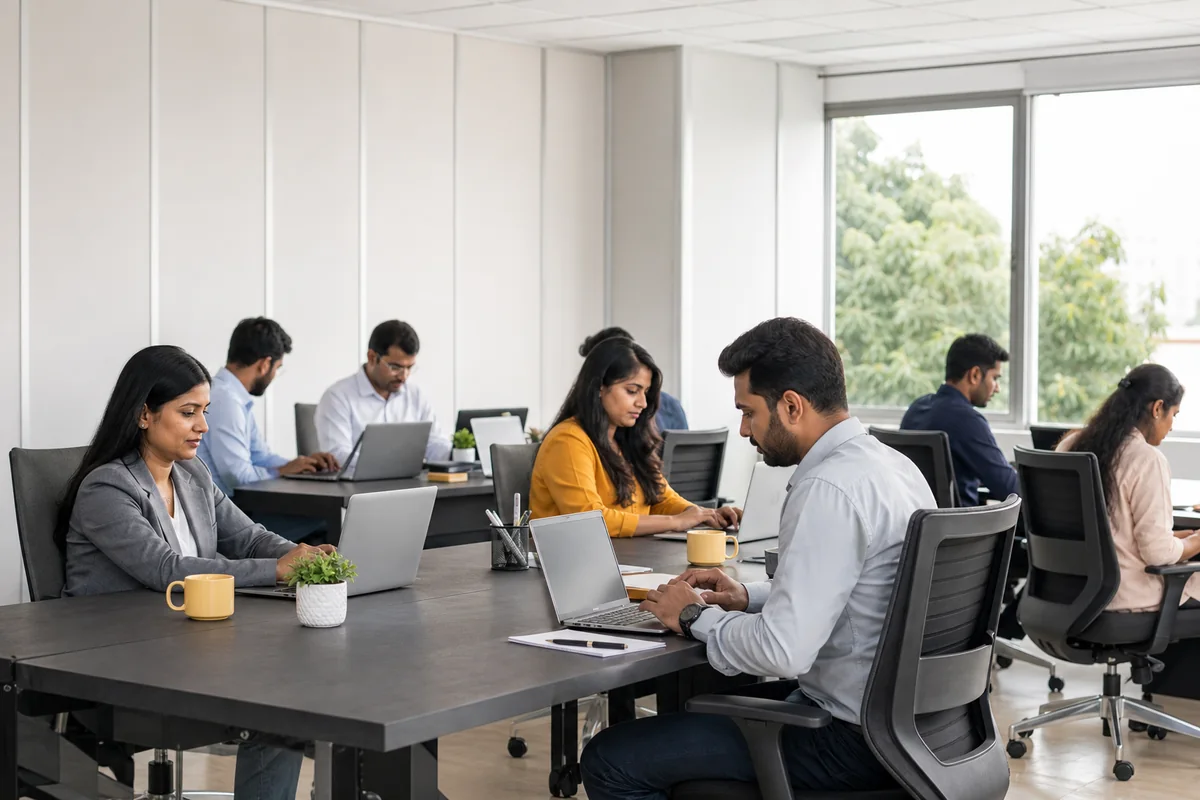 Indian business team working in a temporary office