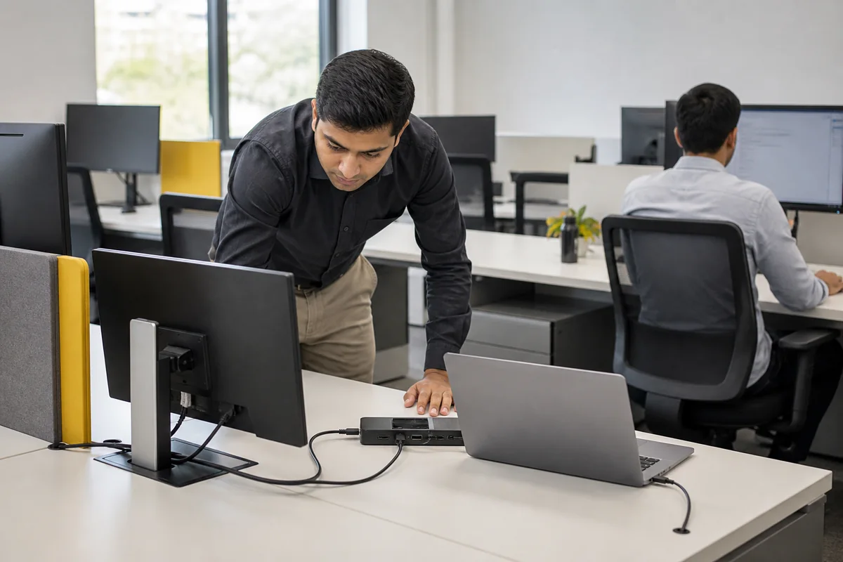 Temporary office laptop, monitor and connectivity setup