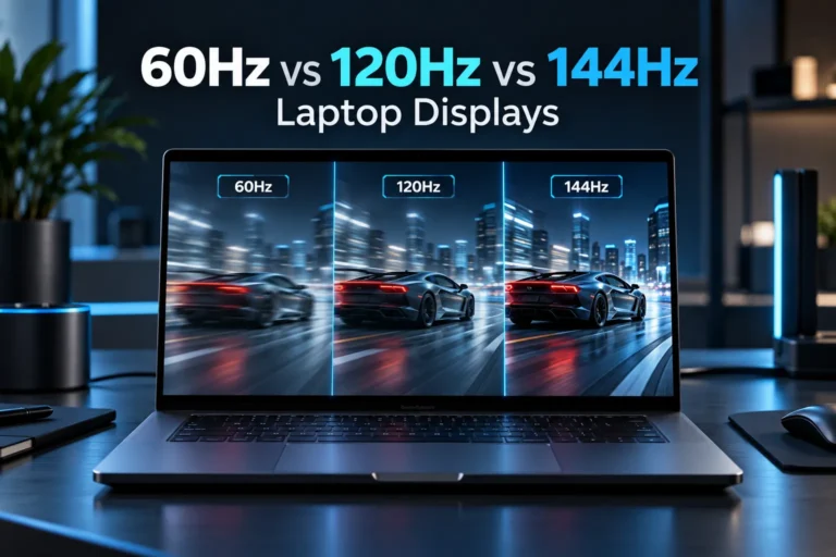 60Hz vs 120Hz vs 144Hz laptop refresh rate comparison showing motion clarity differences on a laptop screen.