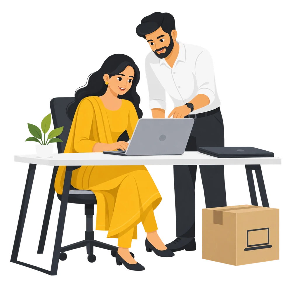 Laptop rentals in Pondicherry Illustration of professionals checking equipment for laptop rentals in Pondicherry