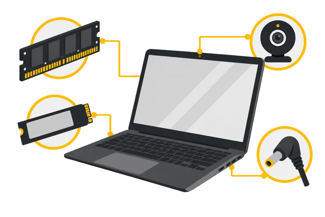 Laptop configuration illustration showing memory, storage and connections