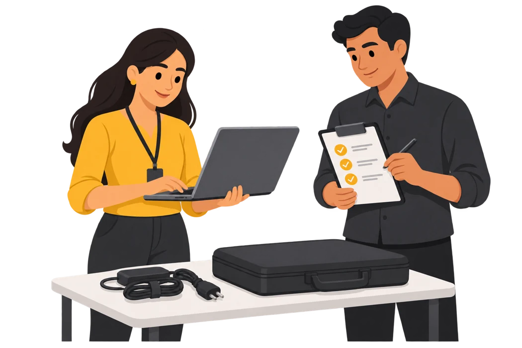 Technician and customer checking a rental laptop at handover