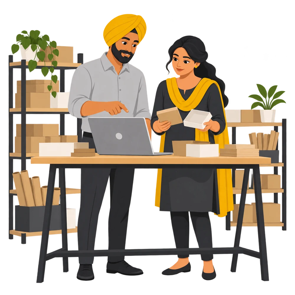 Illustration of business owners choosing laptops for rent in Ludhiana