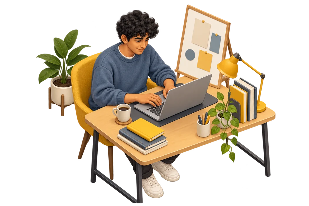 Isometric illustration of a student working on a laptop