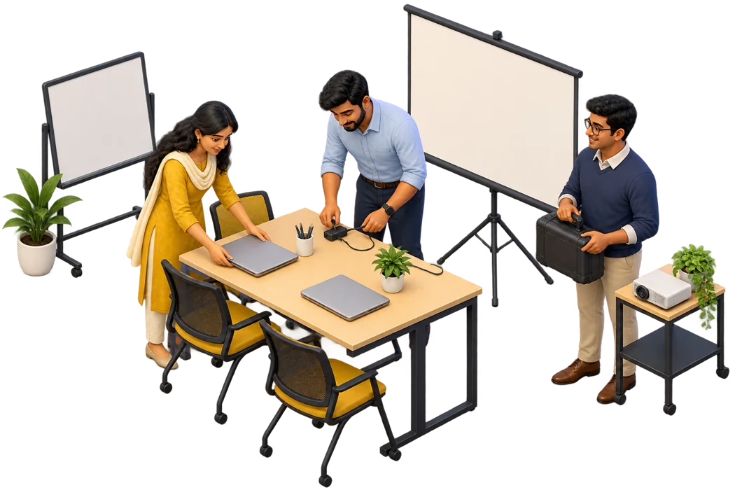 Isometric illustration of colleagues preparing laptops for a training session