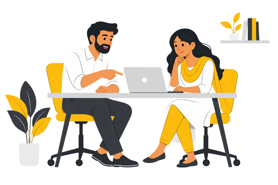 Illustration of colleagues discussing work on a rental laptop Illustration of colleagues discussing work on a rental laptop