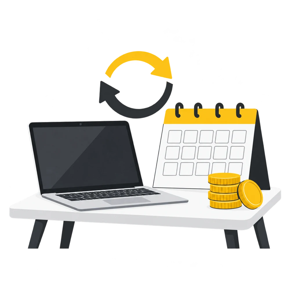 Laptop, calendar and coins representing flexible rental plans