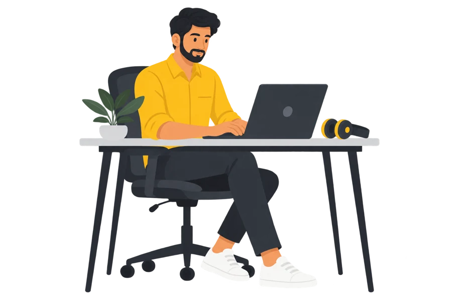 Freelancer laptop rental illustration Freelance professional using a laptop at a desk