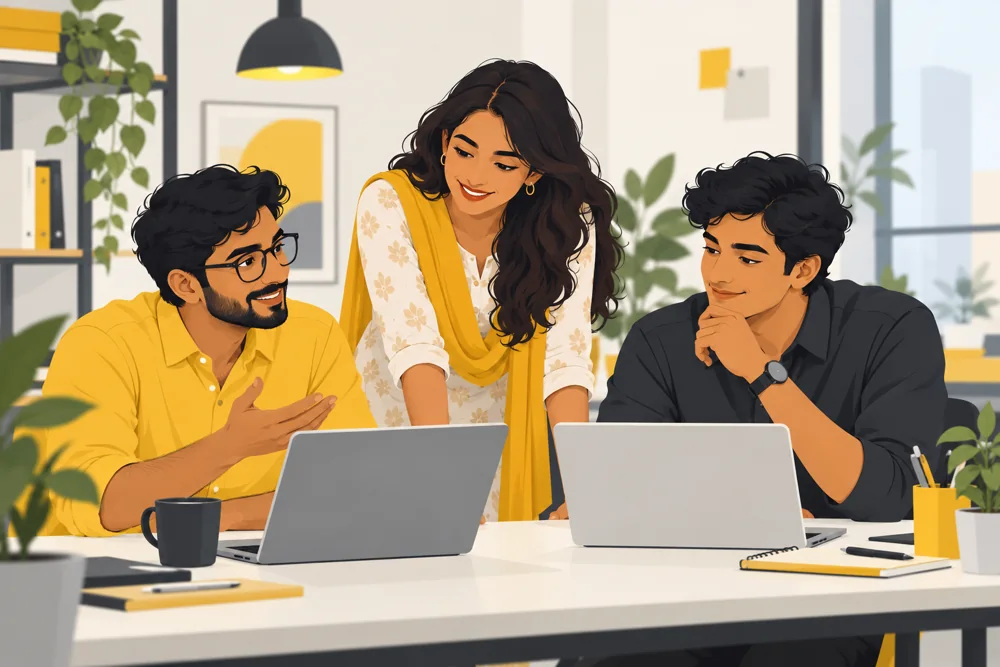 Illustration of a business team collaborating on rental laptops