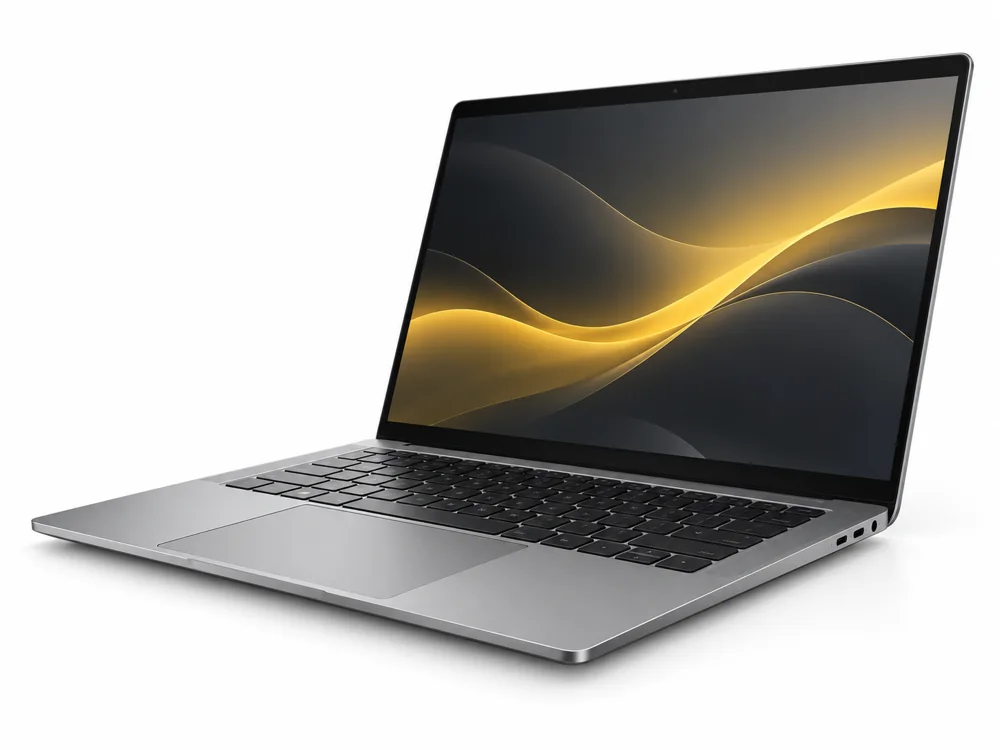 Illustrative silver and charcoal business laptop