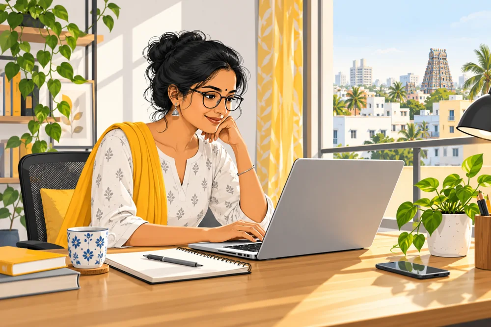Illustration of a freelance professional working on a laptop at home