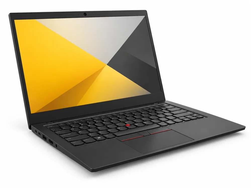 Illustrative black business laptop with a red pointing stick