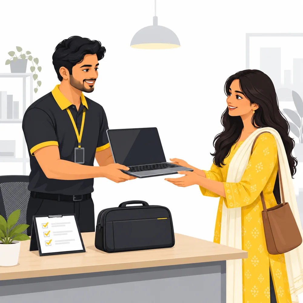 Illustration of a rental service representative handing a laptop to a customer