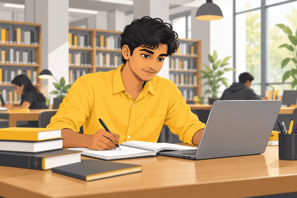 Illustration of a student studying with a laptop and textbooks